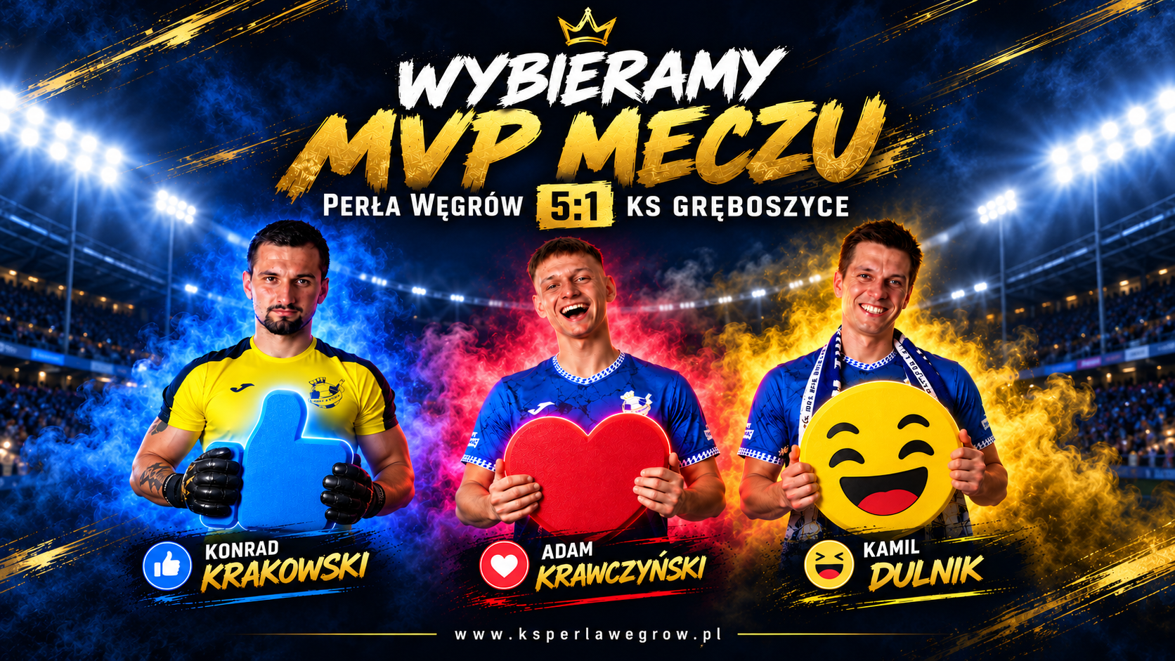 Grafika przedstawiająca trzech zawodników nominowanych do tytułu MVP meczu z KS Gręboszyce